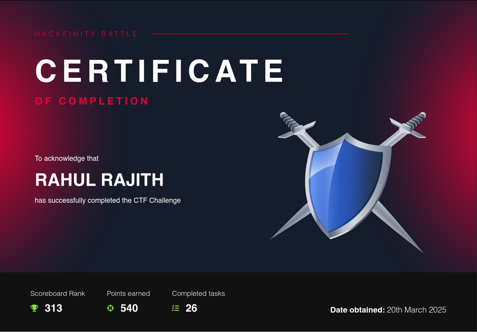 Hackfinity Certificate